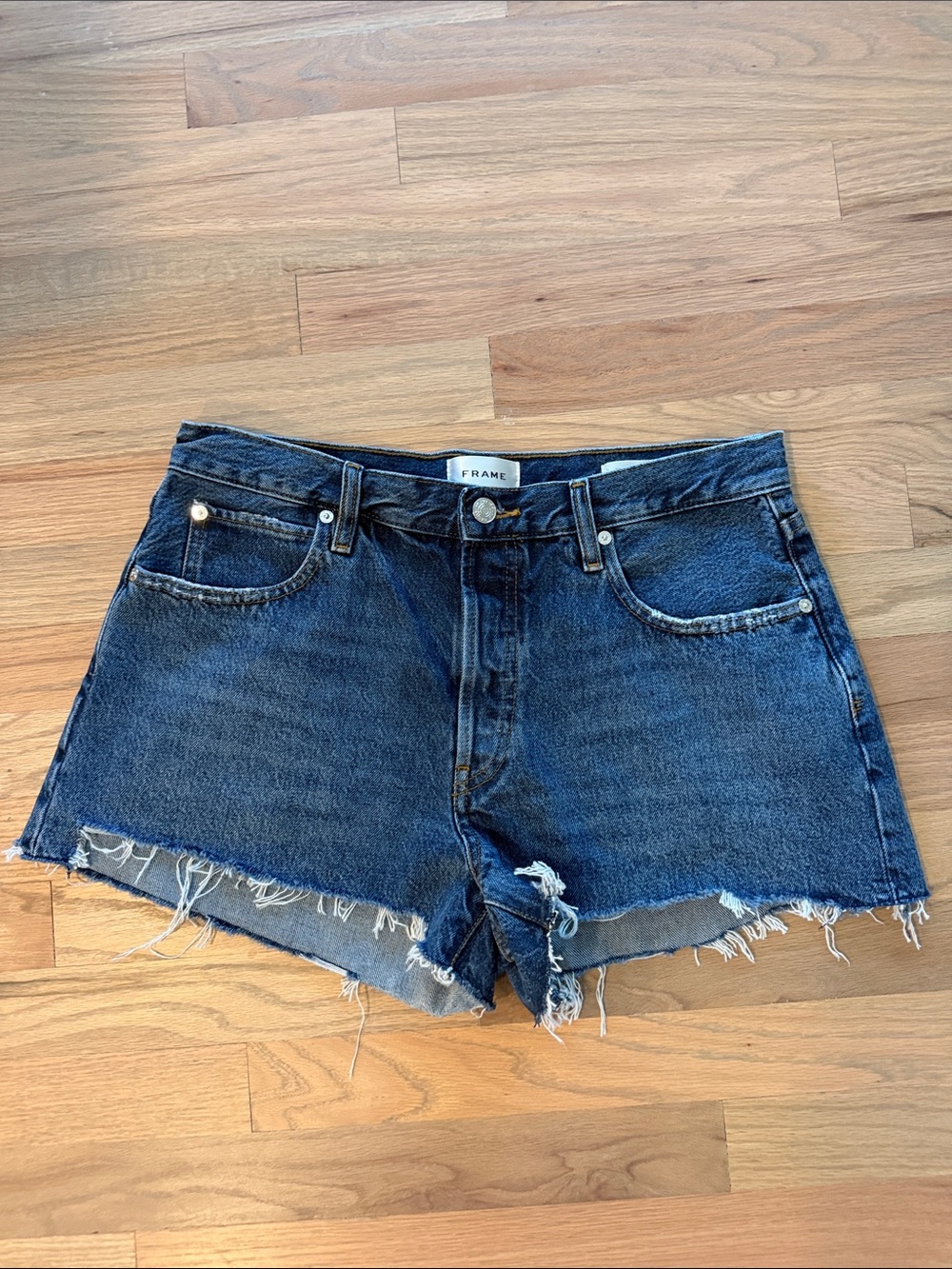 Frame Denim Dark Blue Frayed Hem Jean Shorts
